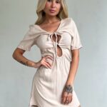 Vestido lino con mangas y abertura - l - azul